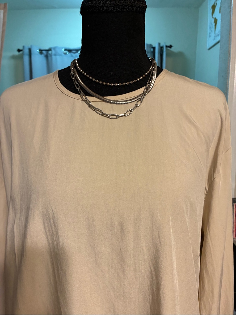 Stradivarius Beige Long Sleeve Blouse with buckle Ruffle Cuffs size large